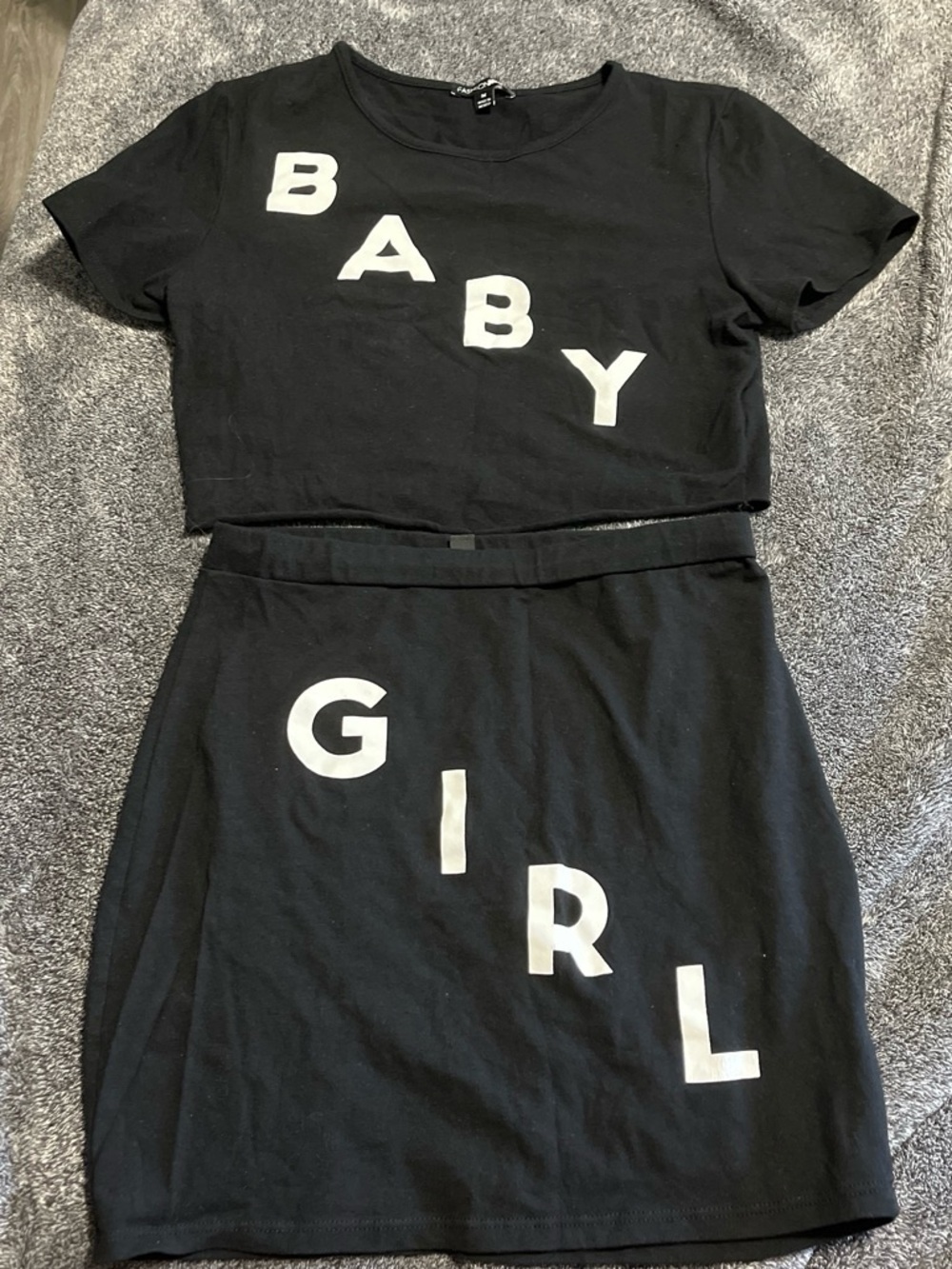 Fashion Nova Black "Baby Girl" Two-Piece Crop Top and Skirt Set